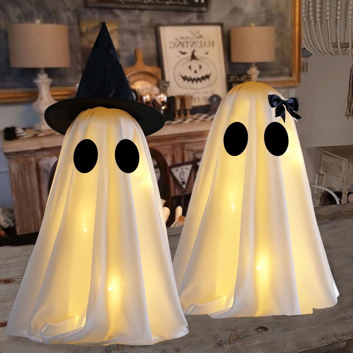 Ryoudavell - Halloween Spookdecoratie - Set van 2 - Schattige spookleeslamp - spookleesboeklamp - Halloween - Halloween-decoratie met led-spooklamp - Spookleeslamp - 3D-nachtlampje met warm licht - DIY - Binnenhuisdecoratie voor Halloween