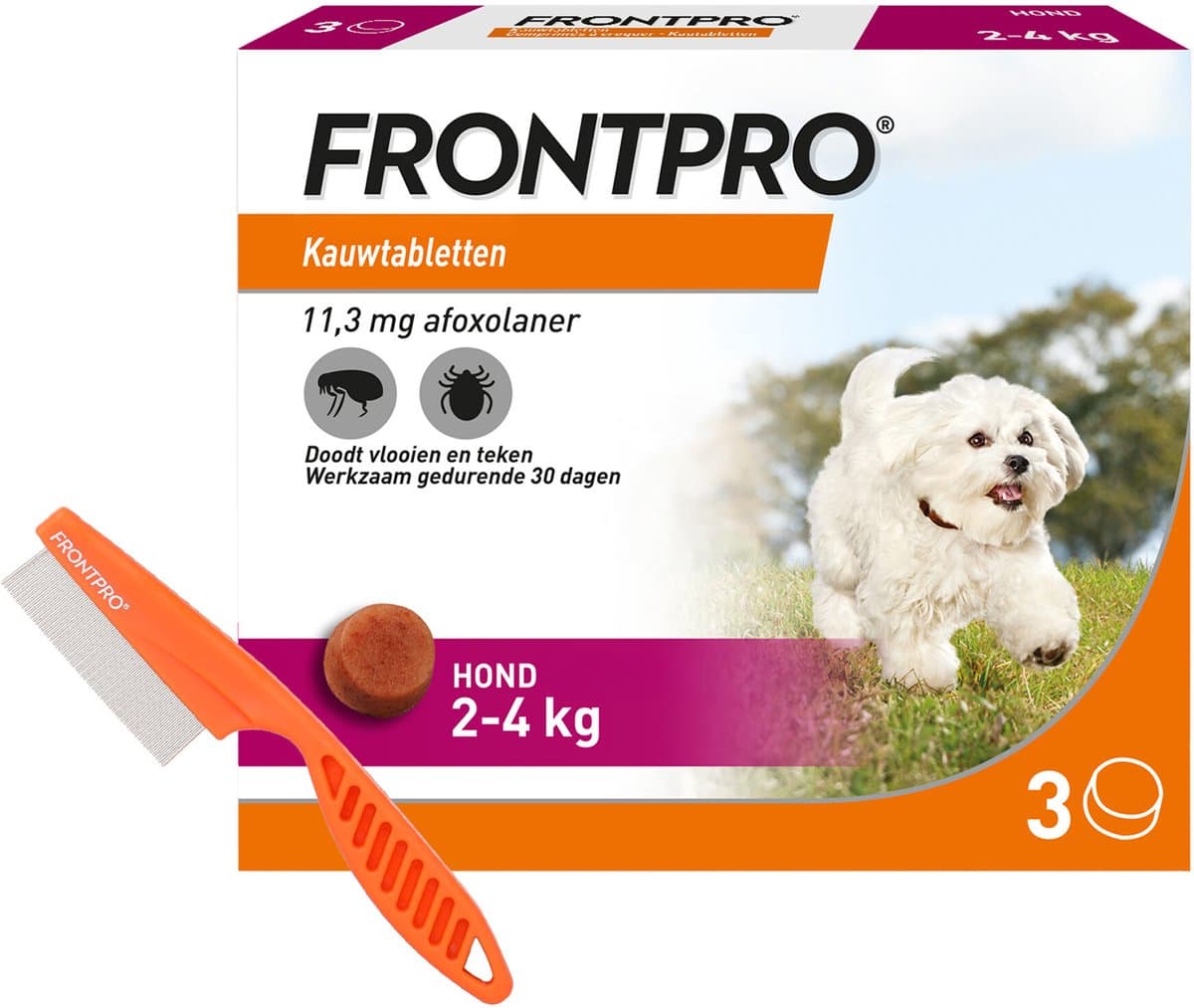 FRONTPRO S - Vlooien en Teken Hond Tablet - 2 tot 4 kg - 3 Tabletten - Inclusief Gratis Vlooienkam