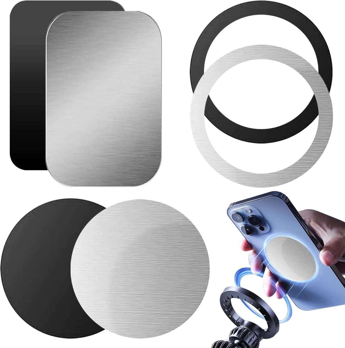 Thijox - Metalen Plaatjes voor Mobiele Telefoon, 6 Stuks, Ultrathin Magnetische Bevestiging, Zwart + Zilver, Geschikt voor Auto, GPS, Tablets en Meer