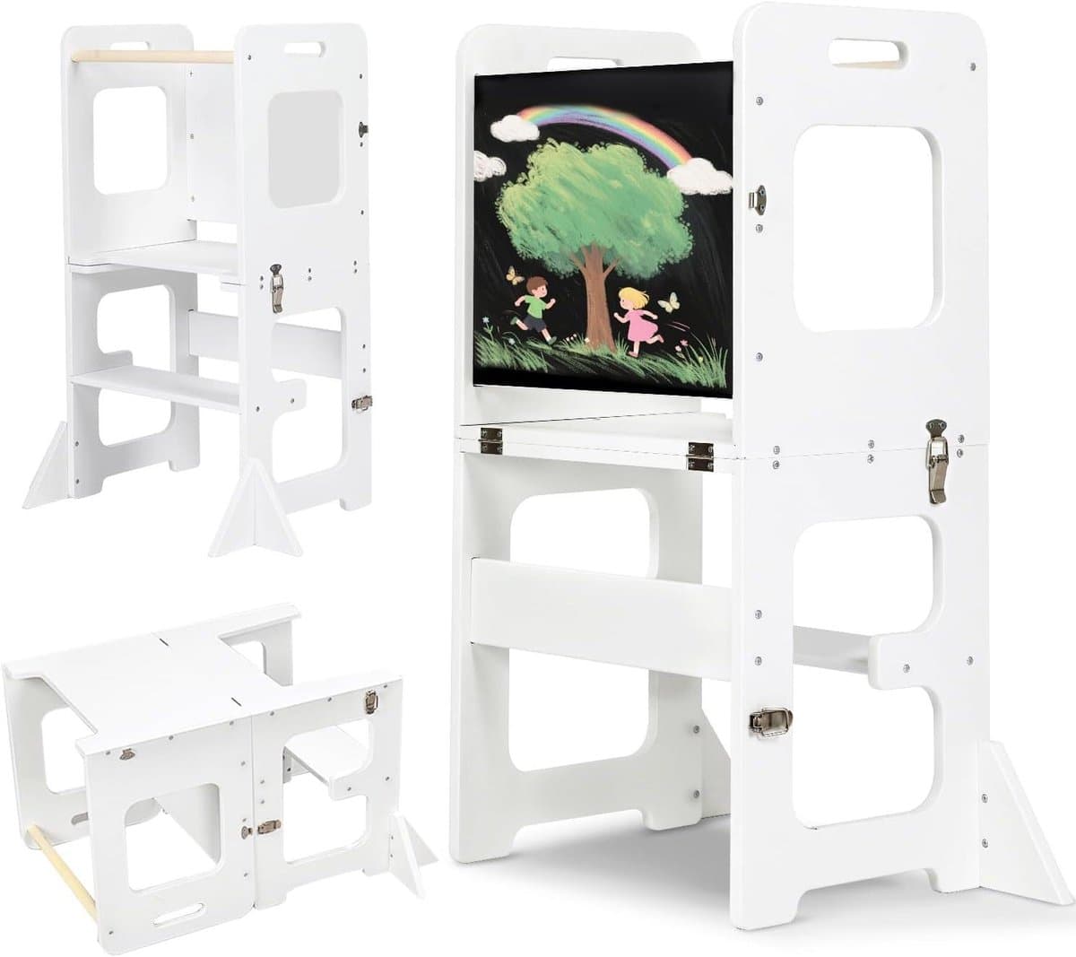 Leertoren Kinderen - Opstapje Keuken - Zelfstandig Leren - Opvouwbaar 3-in-1 - 42 cm Diep - Wit