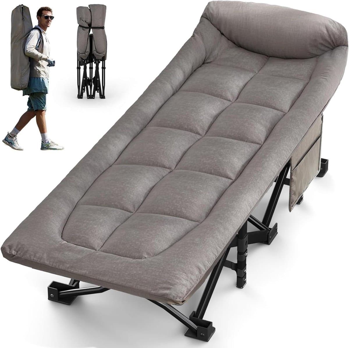 Campingbed Opklapbed - Draagbaar Eenpersoonsbed - Comfortabel Kamperen - Geïntegreerd Kussenontwerp - XL 250 kg - Grijs