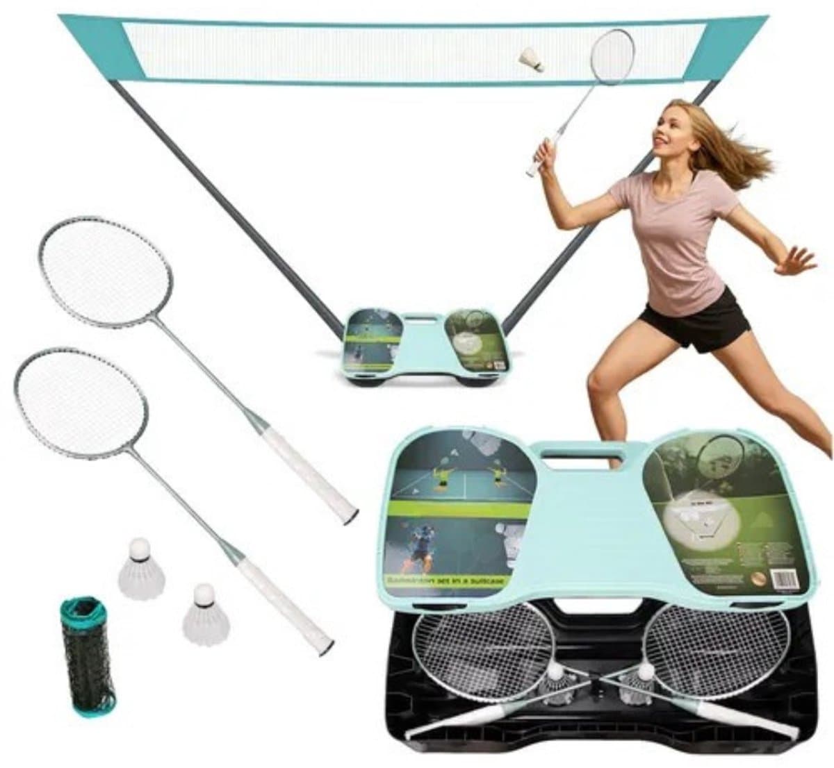 MOZY® - Badminton Set - Inclusief Badmintonrackets, Shuttles en Badmintonnet - in Koffer - Turquoise - Opvouwbaar Badmintonnet - Draagbaar Sportnet - Rackets - Badminton - Racketsport - Vakantie