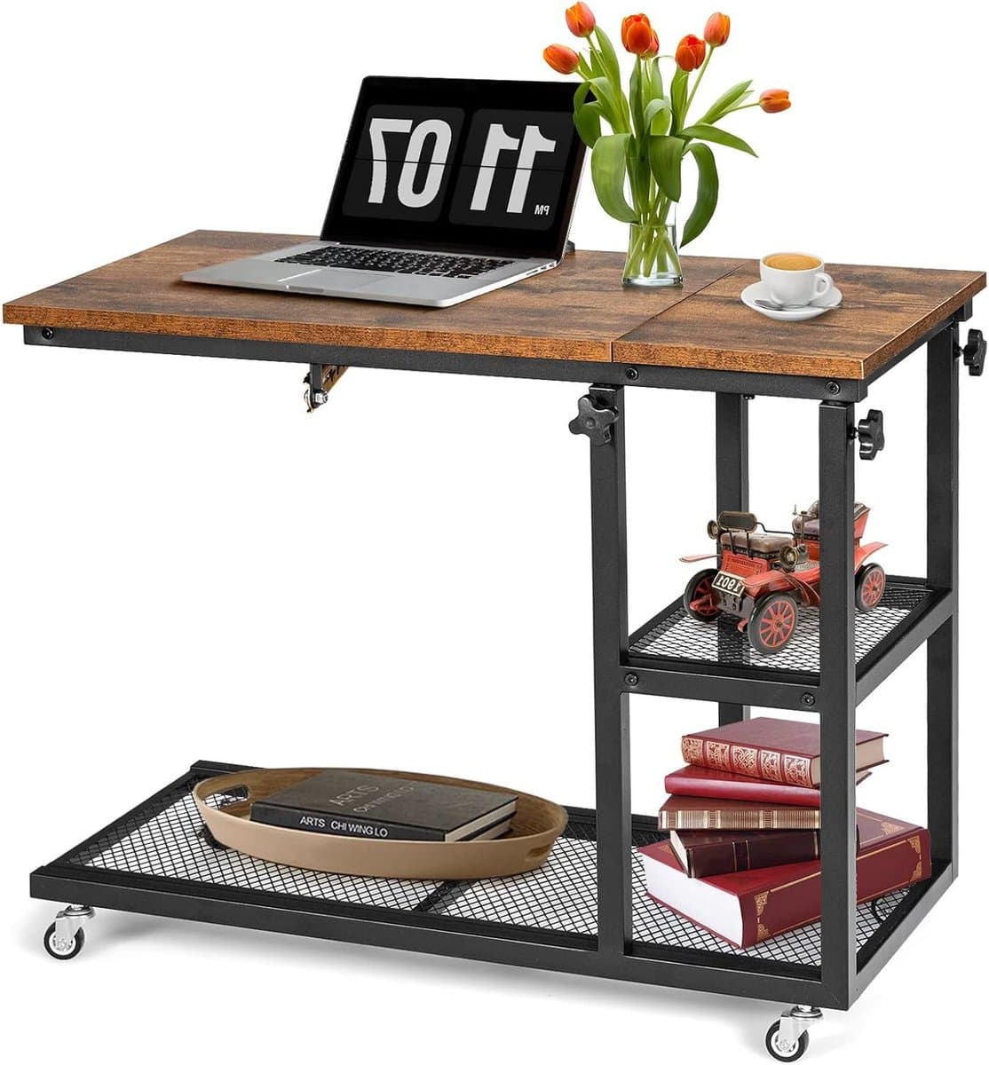 Banktafel C-vormig - Mobiel bureau - Laptop werkplek - Kantelbaar tafelblad - 80 x 40 cm - Bruin