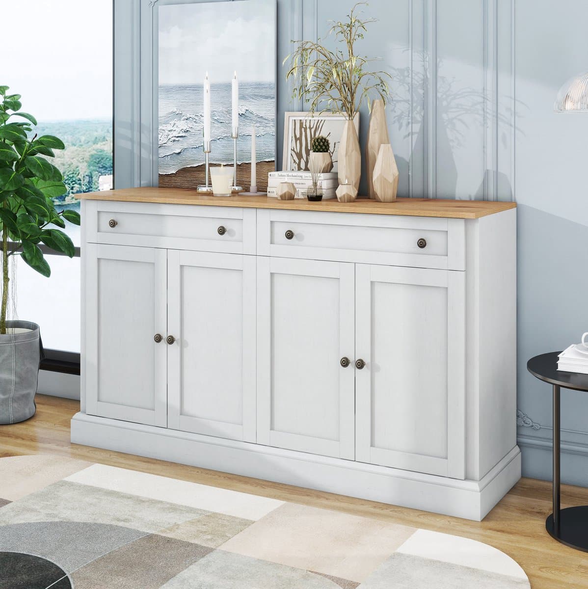 MEUNIQ dressoir 150 x 40 x 86 cm met 4 deuren en 2 lades, sideboard met 2 verstelbare planken voor eetkamer, woonkamer of slaapkamer, antiekwit en naturel