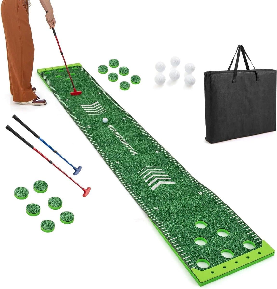Golf Putting Mat - Golf Trainingsmat Putting Green - Golf Oefenen - Met 12 Gaten - 332x50 cm - Groen