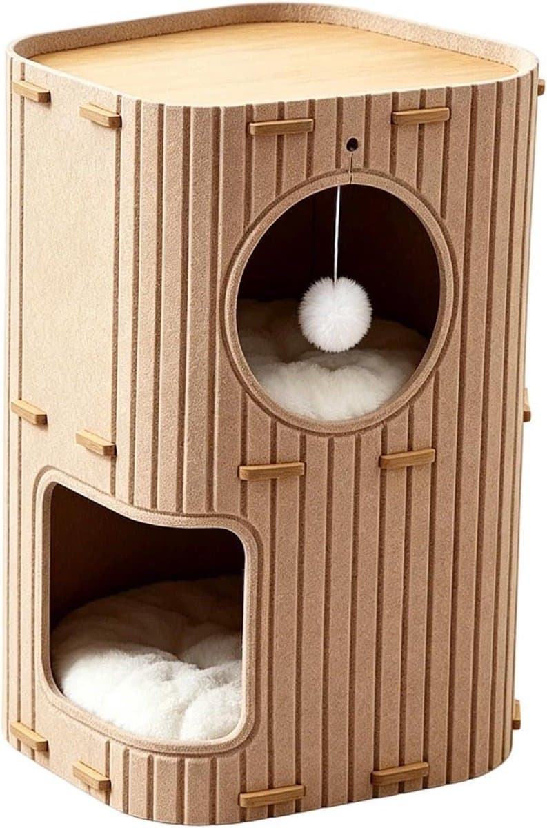 Kattenhol Dubbellaags - Kattenhuis Opvouwbaar - Ontspannen en Spelen - Krasbestendig Materiaal - 60 x 60 x 60 cm - Crèmetinten