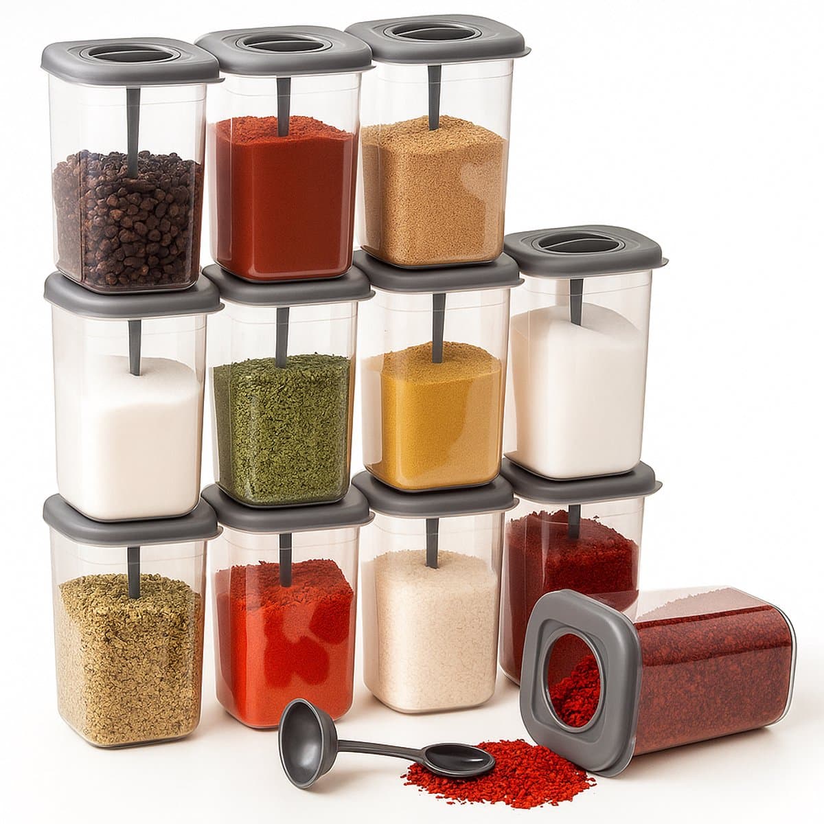 Jungengel Voorraadpotten Set 12-delig - 450 ml Luchtdichte Voorraadbussen - Stapelbaar en Vierkant - BPA-vrij Kunststof Incl. Lepels - Antraciet