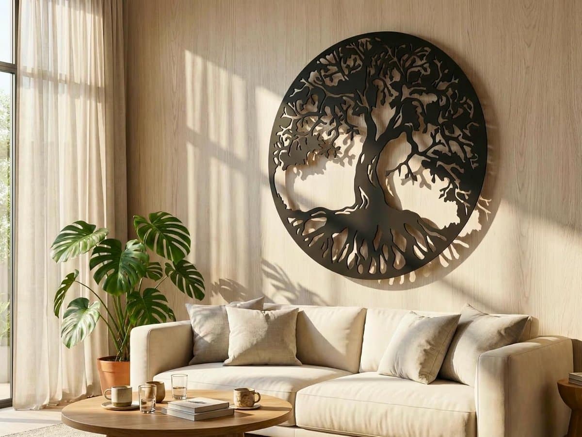 VAILLA ronde levensboom wanddecoratie hout 58 cm, 3D muurdecoratie zwart goud voor woonkamer interieur