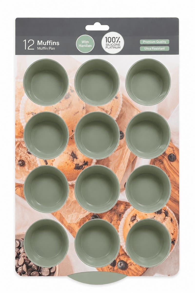 Siliconen Muffinvorm - 12 Muffins - Met Handgrepen - Saliegroen