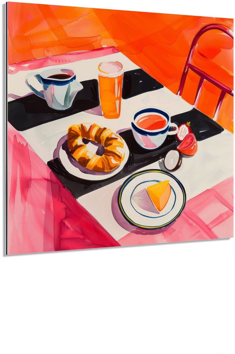 Oranje ontbijt tafel wit - Schilderij 40x40 cm - Wanddecoratie op Aluminium Dibond - Aluminium Wandpaneel