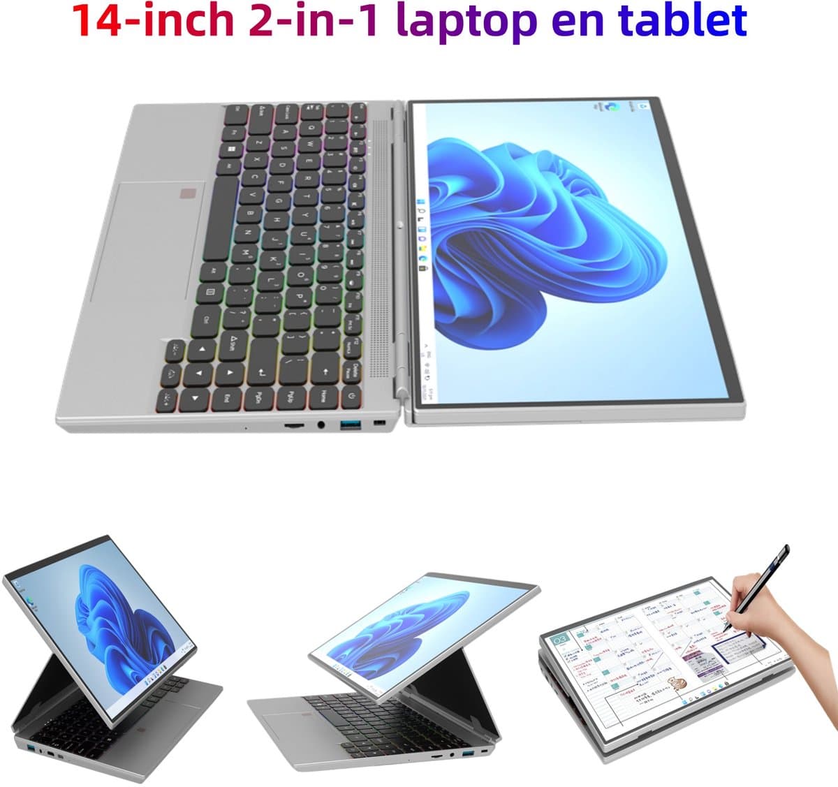 14" Touchscreen Laptop, Intel N5105, 16GB RAM, 1TB SSD, RGB Regenboog Backlit Toetsenbord met Ronde Toetsen, Vingerafdruksensor, 180° Klapbaar, Ingebouwde Standaard, IPS 1920x1200, 92% Schermrandloos – Windows 11