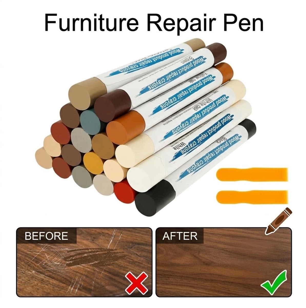 22-delige reparatieset voor houten meubels: 20 retoucheerstiften, vulstiften met schrapers en reparatiewaskrijtjes voor krassen, barsten, gaten en verkleuringen.