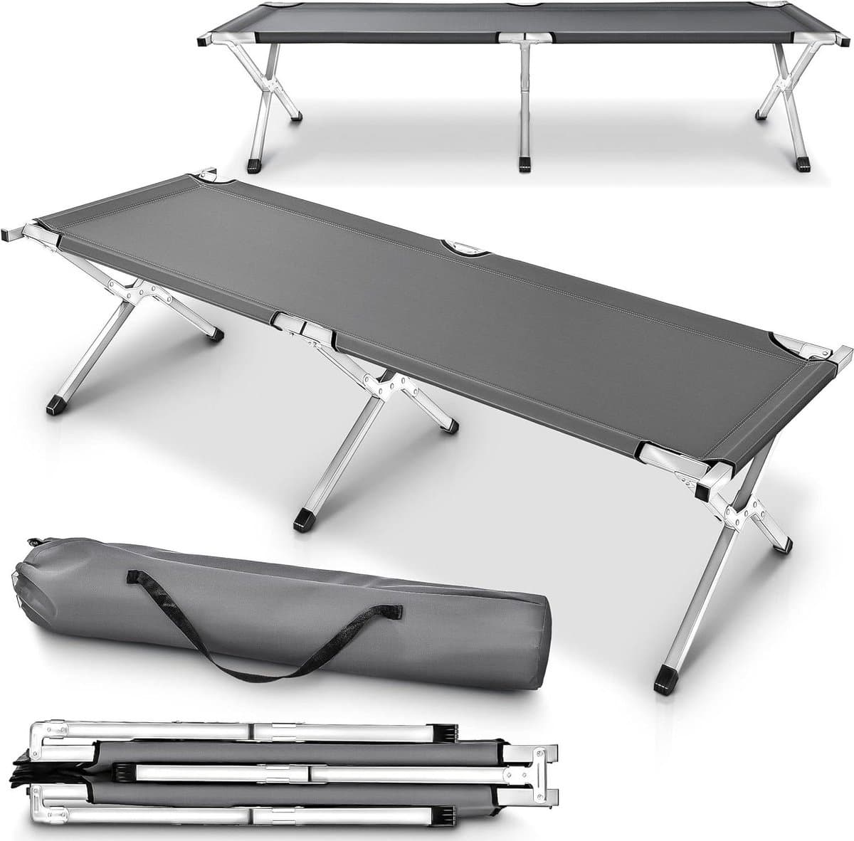 Campingbed Veldbed - Opklapbed Ligbed - Buiten Ontspannen - Robuust Metalen Frame - 190x64x44 cm - Grijs
