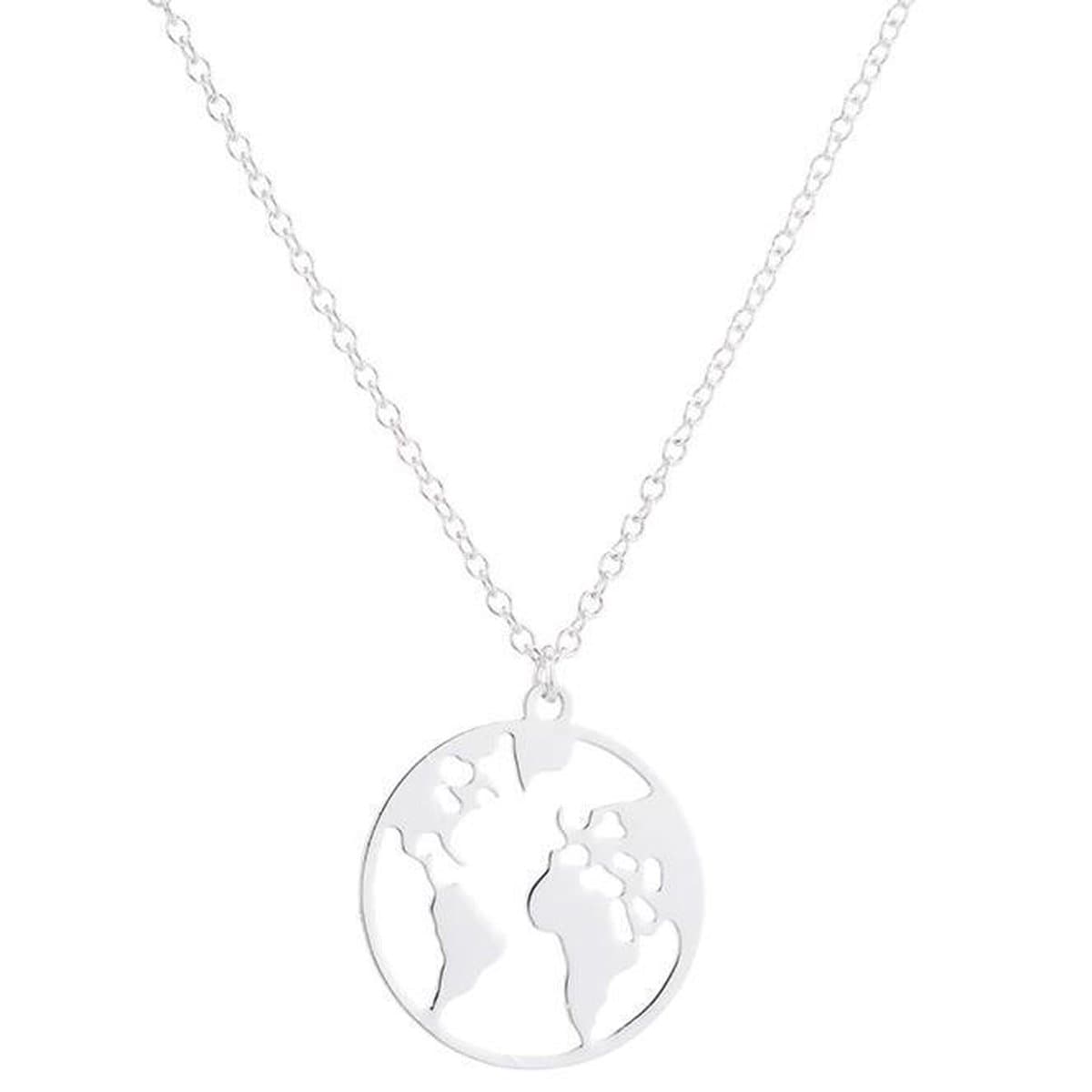 Wereldbol / wereldkaart hanger - ketting zilverkleurig 45 + 5 cm verstelbaar – Met Cadeauverpakking - Rhylane