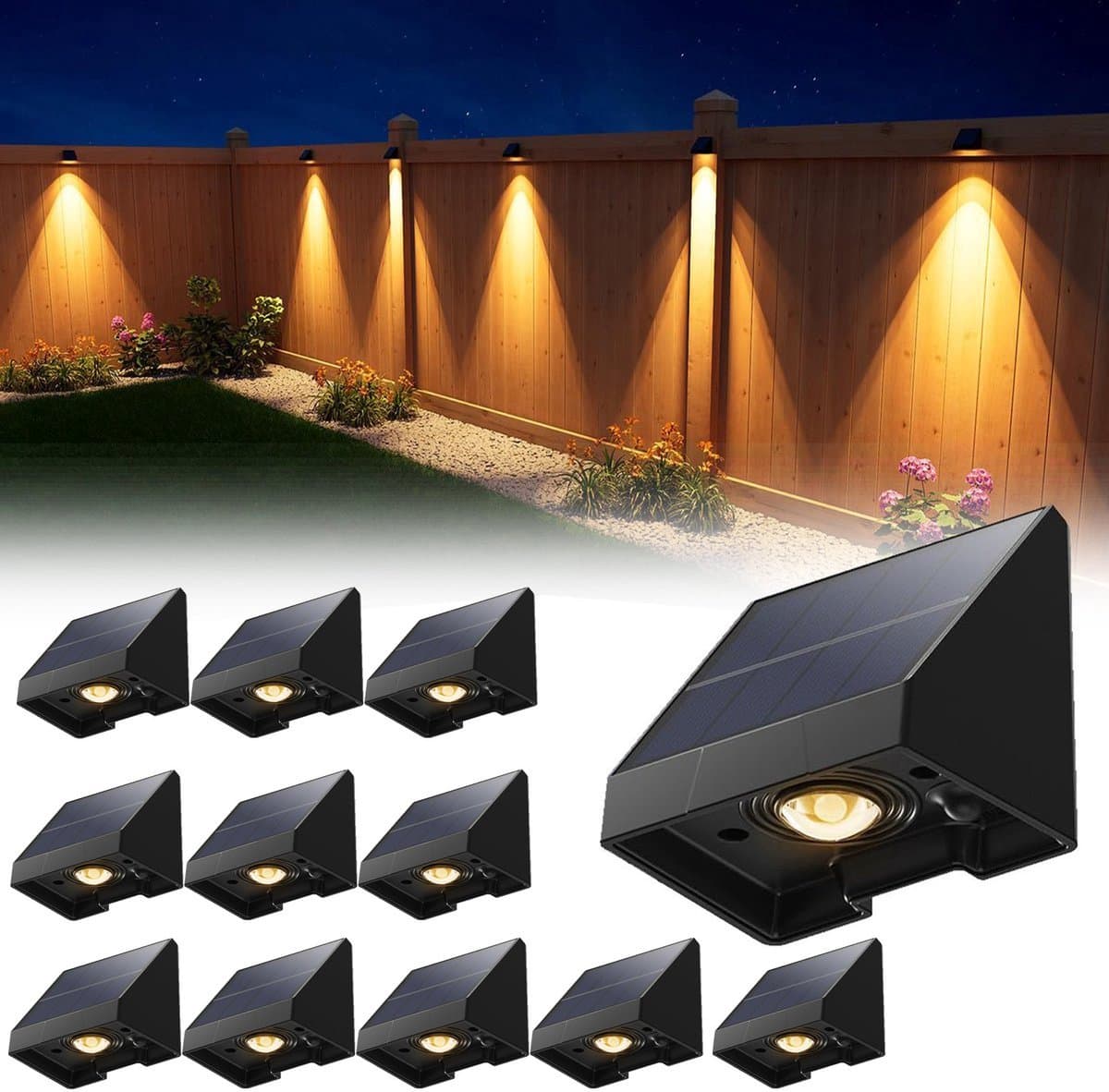 12-Pack Decoratieve Solar Lampen Voor Schutting – Waterdichte Led Buitenverlichting Op Zonne-Energie Met Warm Wit Licht – Voor Muur, Terras, Tuin, Hek, Garage, Zwembad – Eenvoudige Installatie - 6.6x5.8x5.1cm
