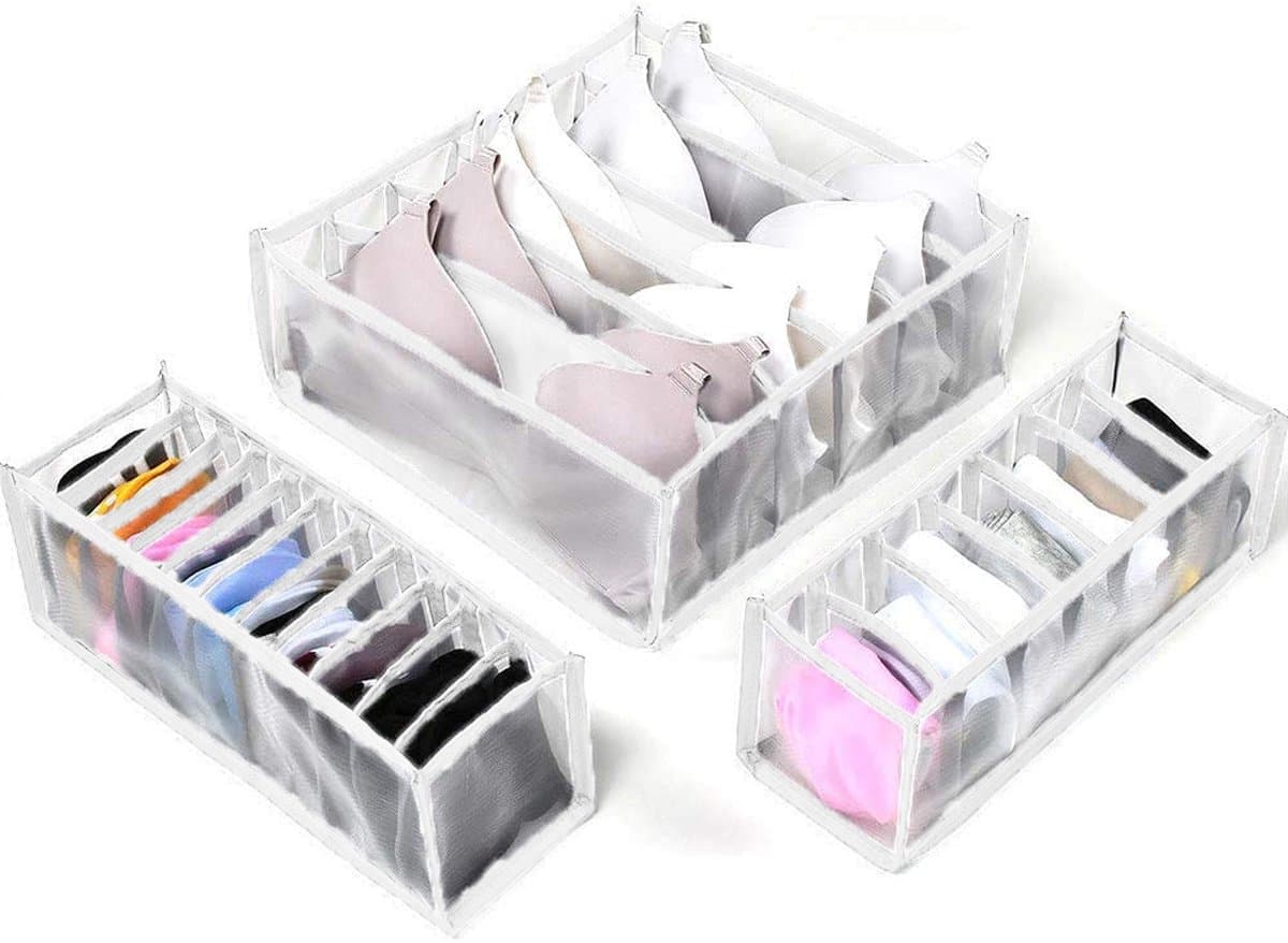 Gigicial Bh-Organizer - Ondergoedorganizer Voor Lade - Opvouwbaar En Lichtgewicht Mesh-Nylon Compartimenten - 3 Stuks - Wit