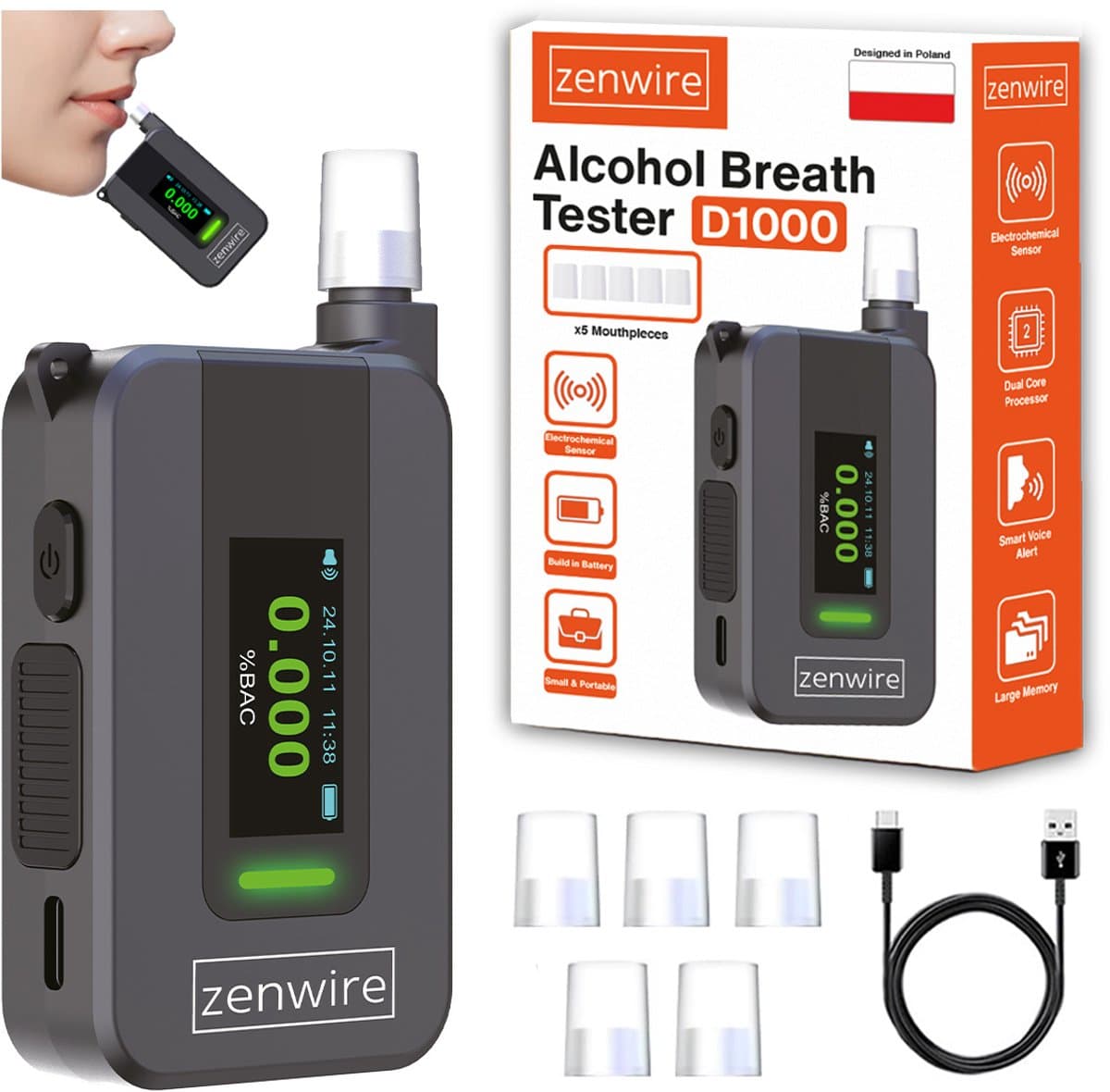 Zenwire D1000 - Alcoholtester - Elektrochemische AI Sensor - Nauwkeurige Metingen - Met 6 Mondstukken en USB-C