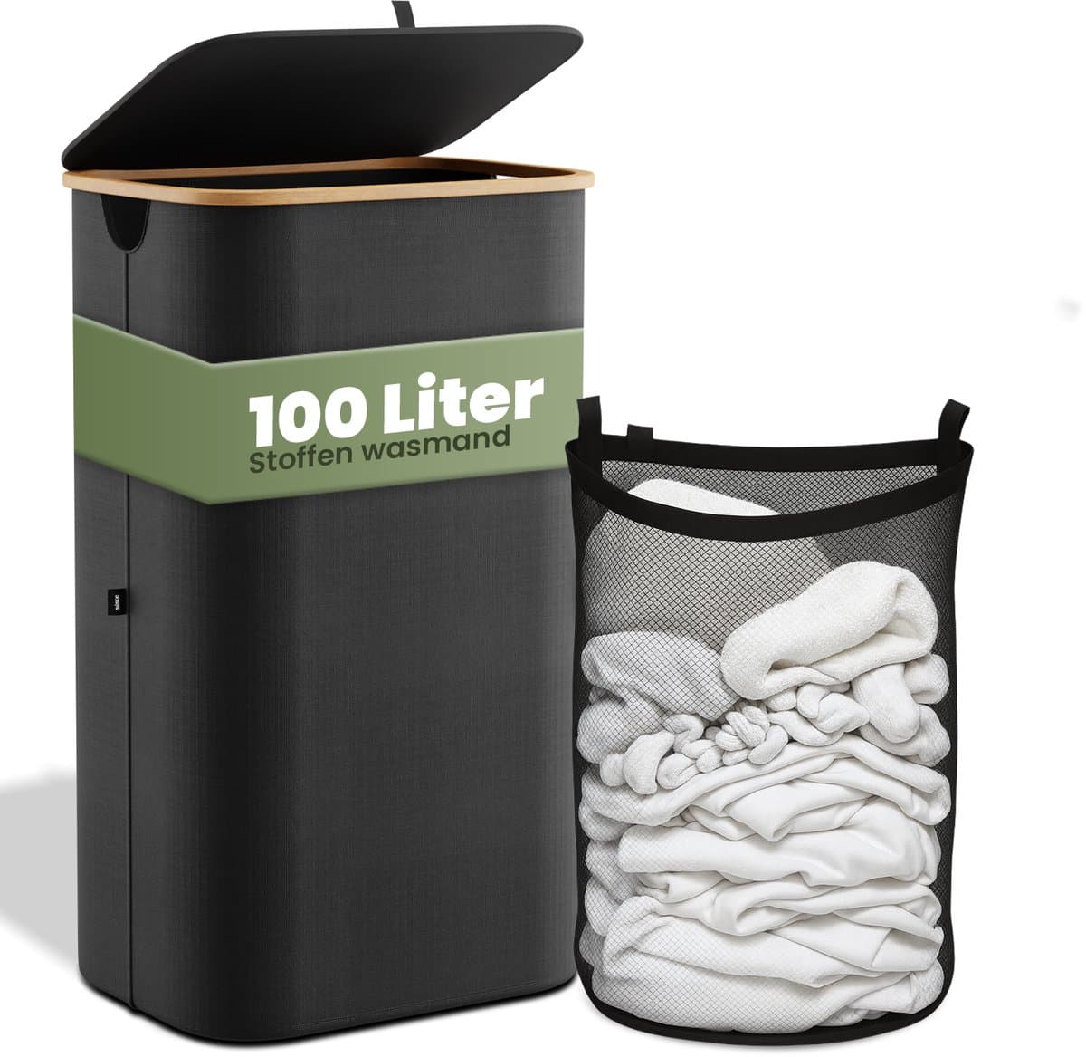 Nince Wasmand - 1 Vak - 100L - Met Deksel - Wassorteerder - Uitneembare Waszakken - Bamboe - Opvouwbaar - Zwart