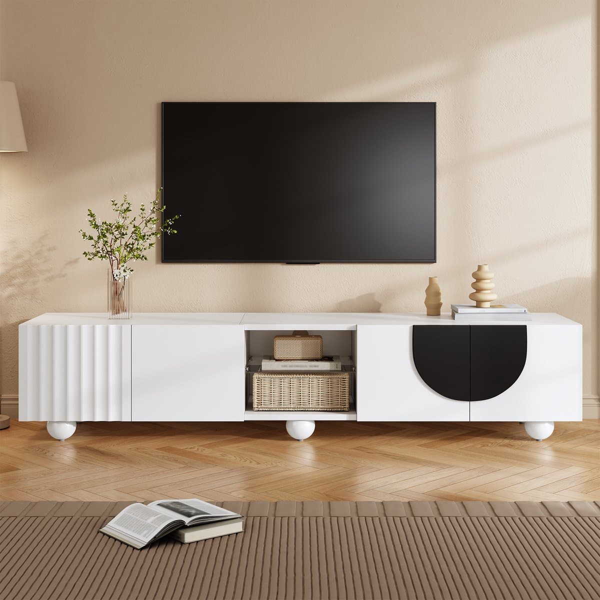 MODFU TV-meubel 180x40x41,5 cm van MDF en spaanplaat, met opbergruimte en open vak, wit, modern ontwerp