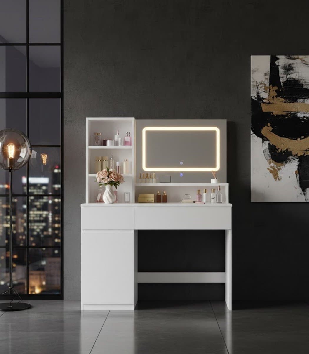 Novihome LED Make-uptafel met 3 Kleuren Spiegel, 2 Laden en Kast – 90 x 40 x 135 cm – Novihome