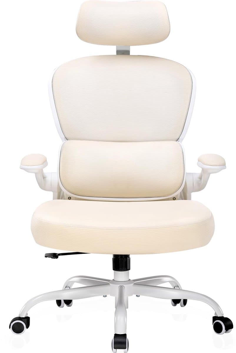 COMHOMA - Bureaustoel Ergonomisch - Met 3D Steunen en Inklapbare Armleuning - Beige