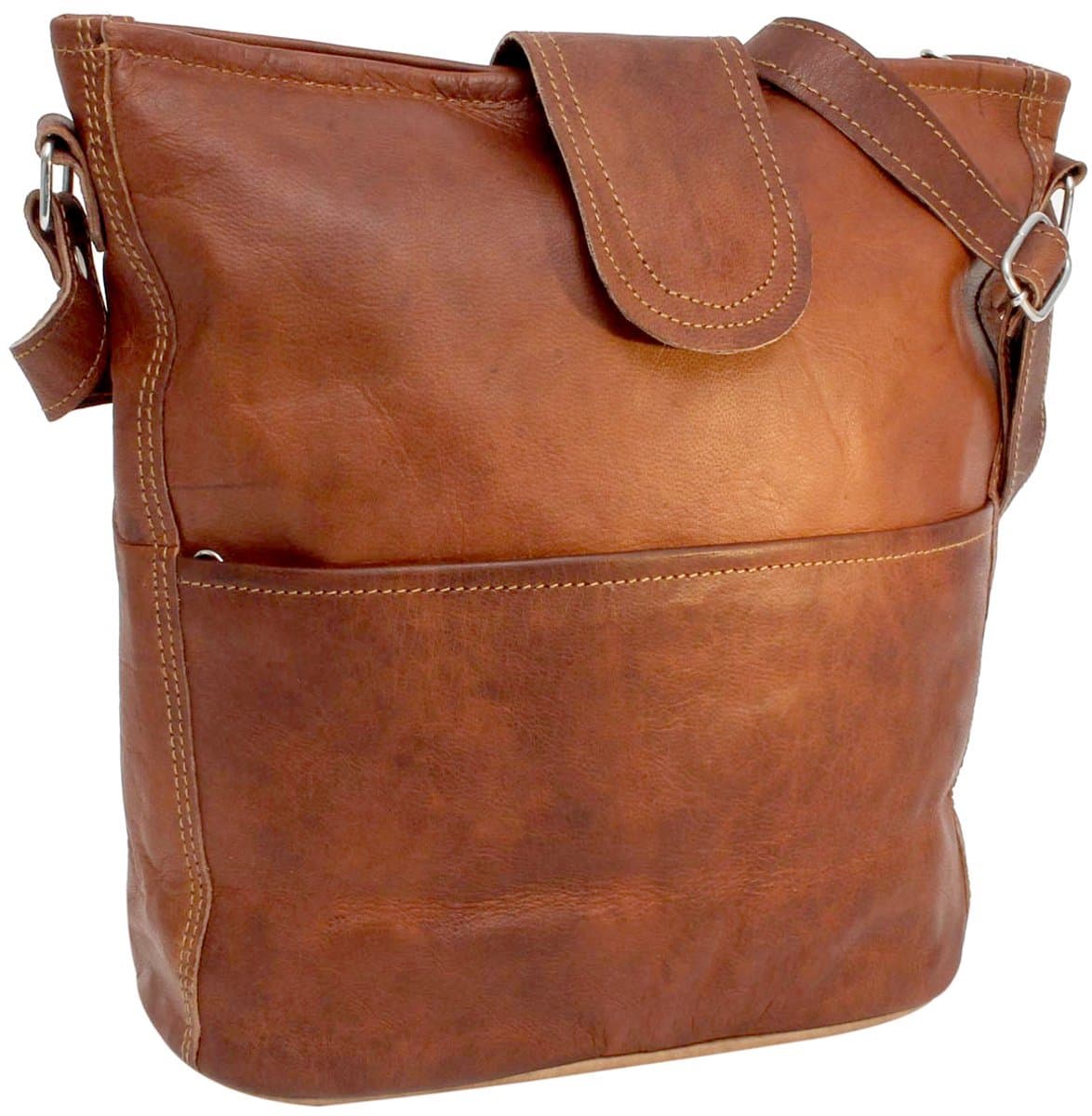 Hobotas Damestas Crossbody Leren Tas 29 x 29 x 13 cm - Schoudertas – Urban Chique- Handgemaakt - Siracusa 13 inch Verstelbare Riem - Echt Leer Cognac Bruin Model 008