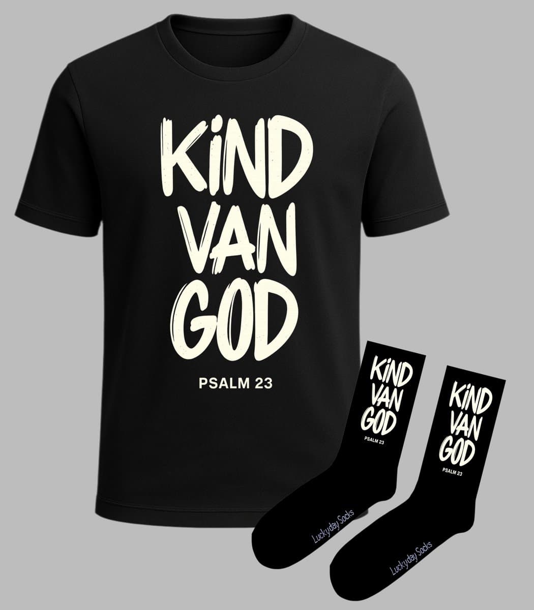T-shirt Grappige tekst - Giftset - Kind van GOD - Shirt - T-shirt Set - Cadeau set shirt en sokken - Grappig cadeau voor vrouw en man - Verjaardag - Kerst cadeau - Pensioen afscheid - Vaderdag - Moederdag - T-shirt voor dames en heren - Maat L