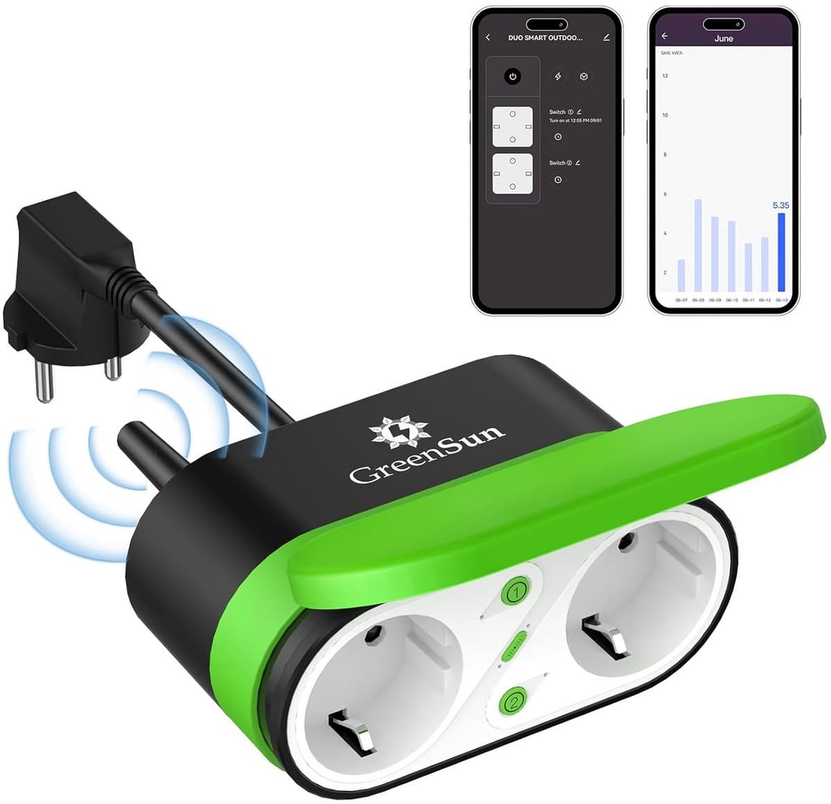 Dubbel Smart Buitenstopcontact met Timer en Stroomverbruikmeter - Waterdicht IP44 - WiFi Compatibel met Alexa & Google Home