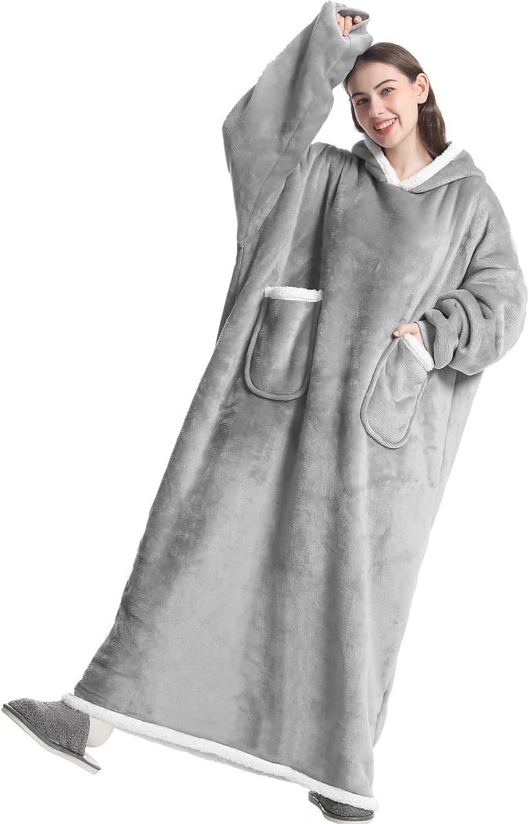 Oversized Extra Lange Hoodiedeken voor Dames en Heren - Draagbare Dekenhoodie met Mouwen en Gigantische Zak in Grijs (150cm)