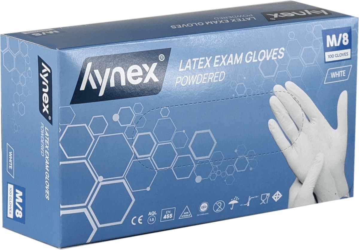 Hynex latex wegwerphandschoenen gepoederd maat S wit omdoos 1000stuks 5,0gram 10x100/box