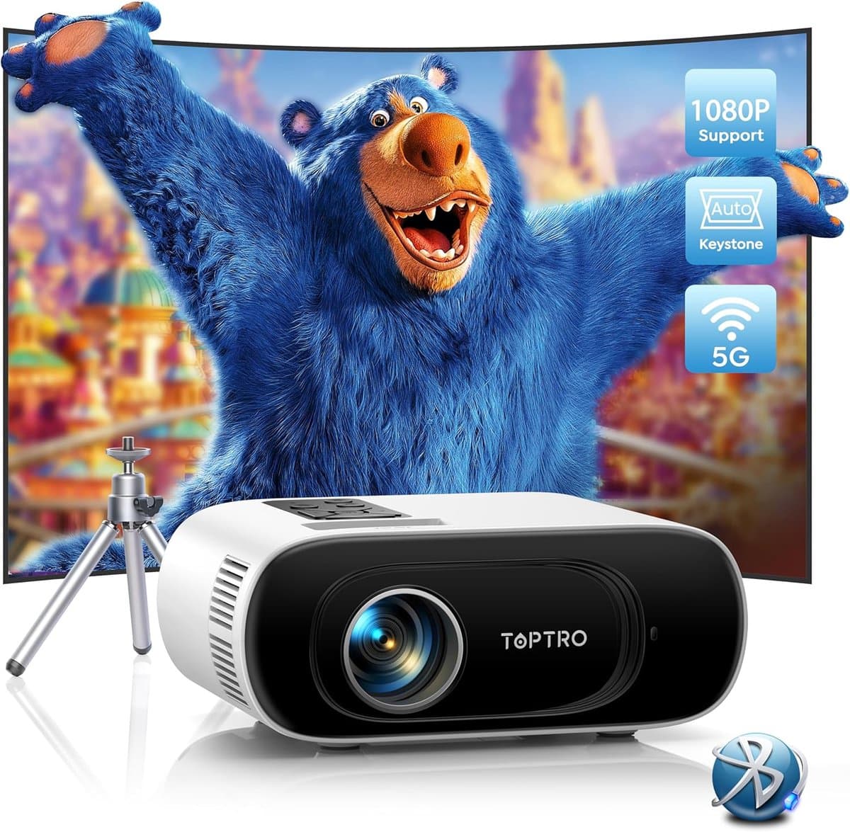 Toptro TR26 Projector – Full HD 1080p – 15000 lm – 4K Compatible – Bluetooth & WiFi – HDMI/USB – Compacte Draagbare Beamer – Home Cinema & Streaming