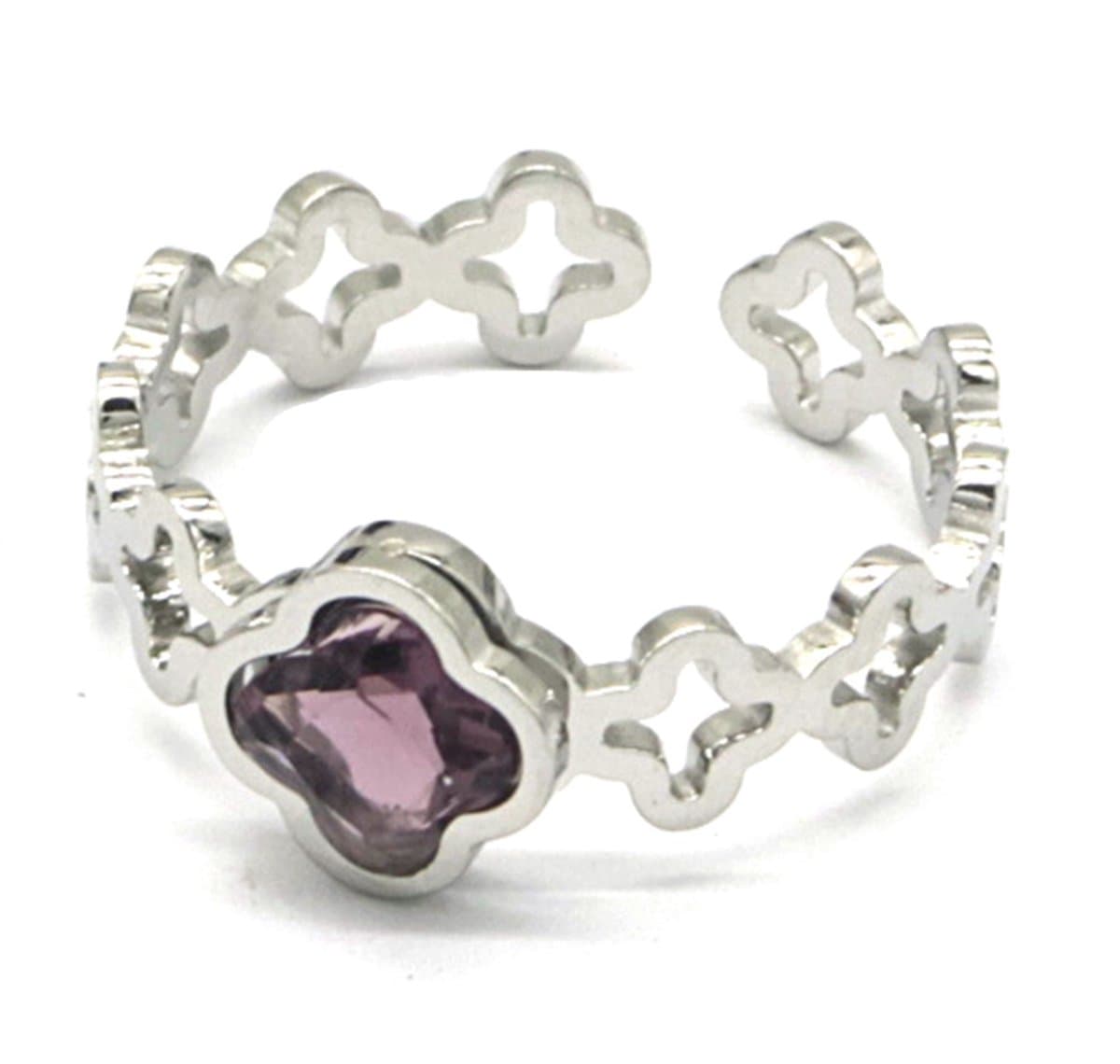 Ring met Kruis - RVS - One Size - Zilverkleurig en Paars