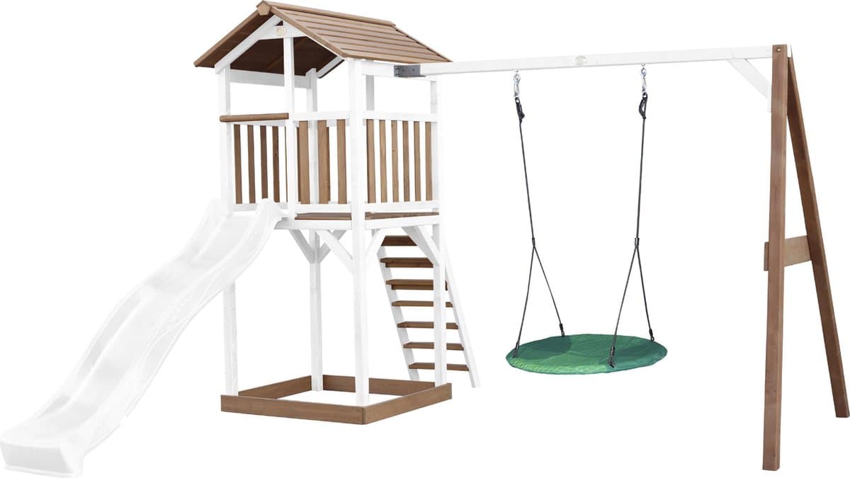 AXI Beach Tower Speeltoestel in Bruin/Wit - Speeltoren met Summer Nestschommel, Witte Glijbaan en Zandbak - FSC hout - Speelhuis op palen voor de tuin