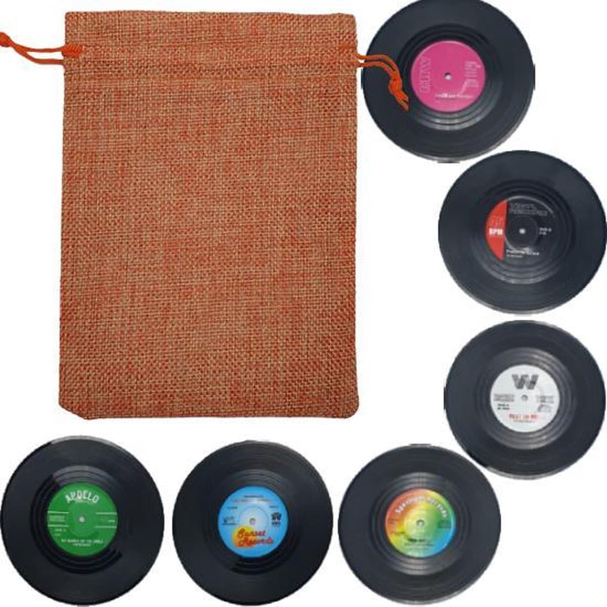 Retro LP Vinyl Onderzetters - 6 stuks – Met Oranje Opbergzakje - oDaani
