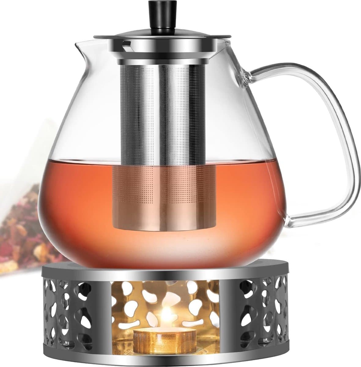 Glazen theepot - 1500 ml theepot met zeefinzetstuk, kaarsverwarmer, vaatwasmachinebestendig, glazen theepot voor koude en warme dranken, theemaker 18/8 roestvrijstalen verwarmer.