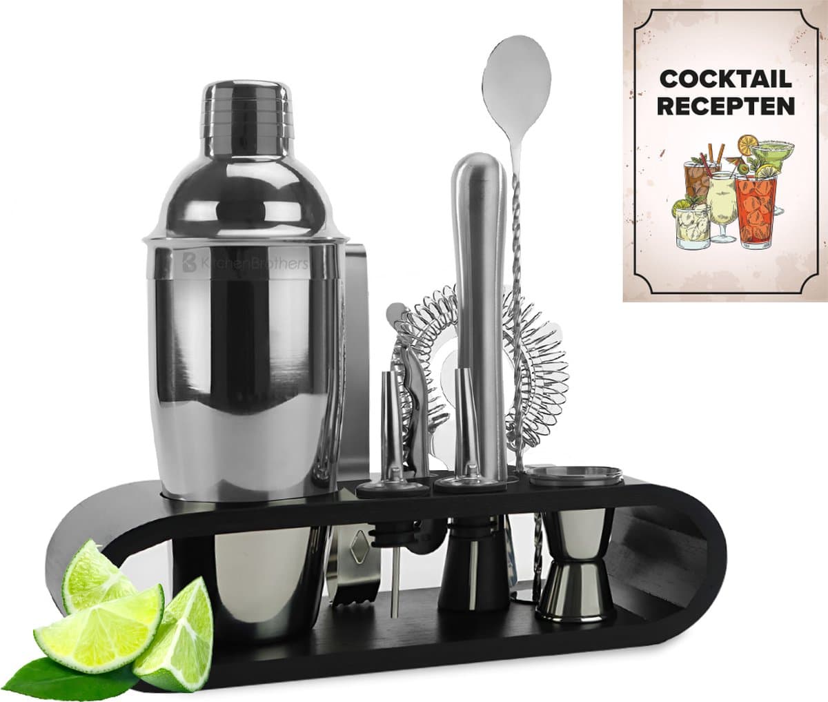 KitchenBrothers Cocktail Set - 11 delig - PFAS-Vrij - Inclusief Cocktail Shaker (750ml) - Compleet voor Cocktailbar - Zwart/Bamboe - Cocktailset - Met Receptenboekje - Cadeauverpakking