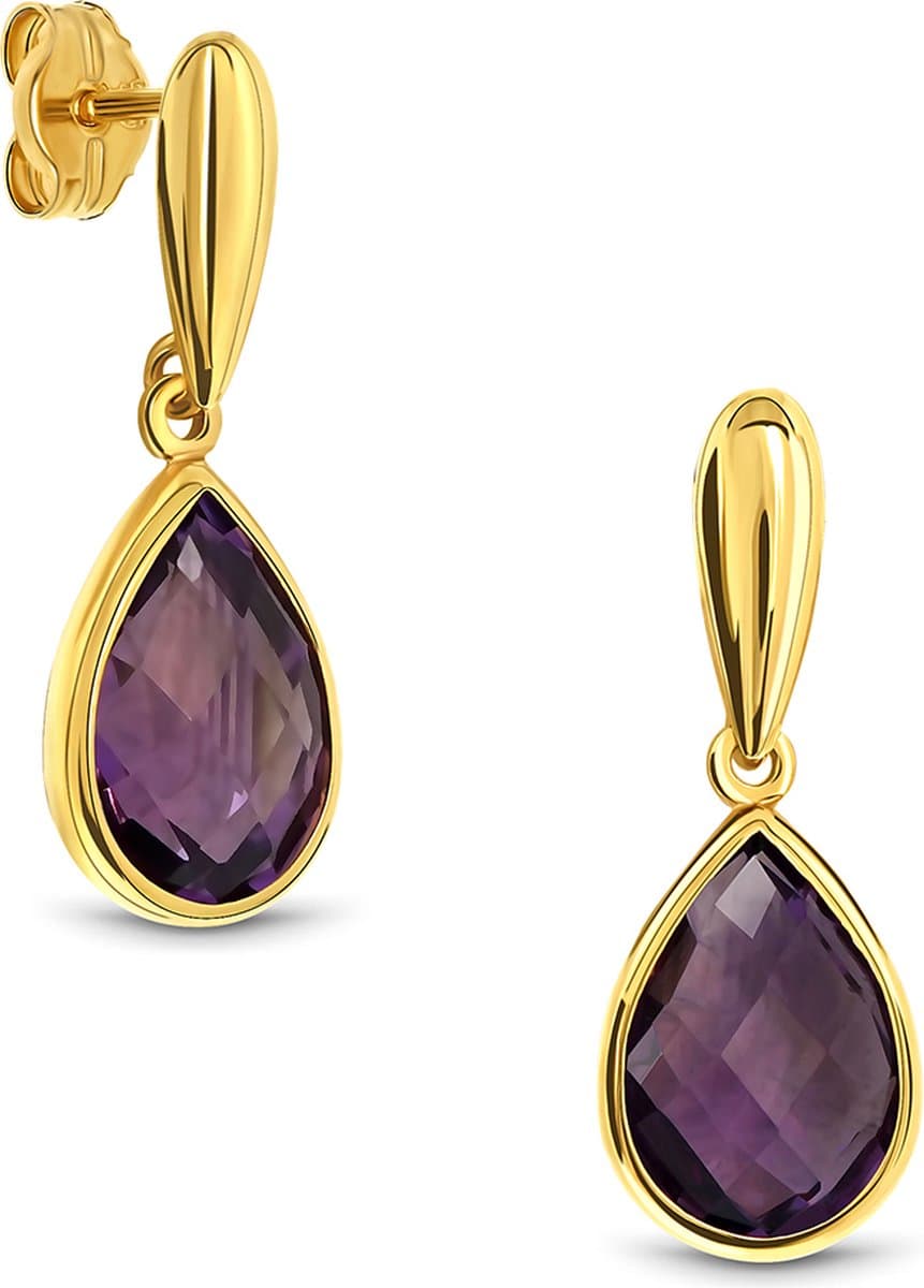 Miore Pure Oorbellen Dames - 14 Karaat Goud - Met een Amethist - Oorhangers - 7.5 mm