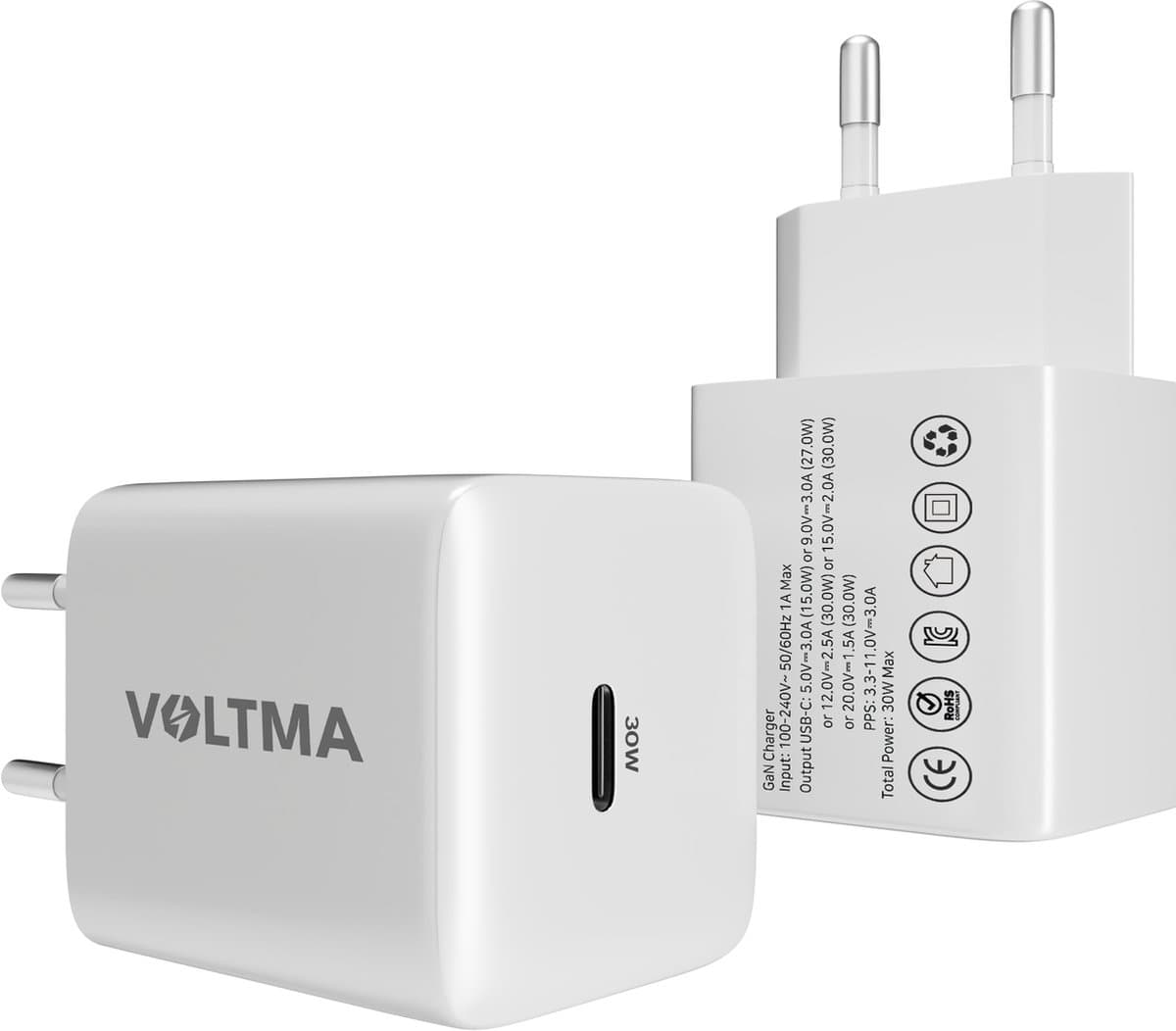 Voltma 30W USB-C snellader met efficiënte GaN-technologie - 30 Watt Oplader - Quick charge oplaadstekker - USB C adapter voor smartphone, tablet, iPhone 15, Samsung S-serie en Note - Wit