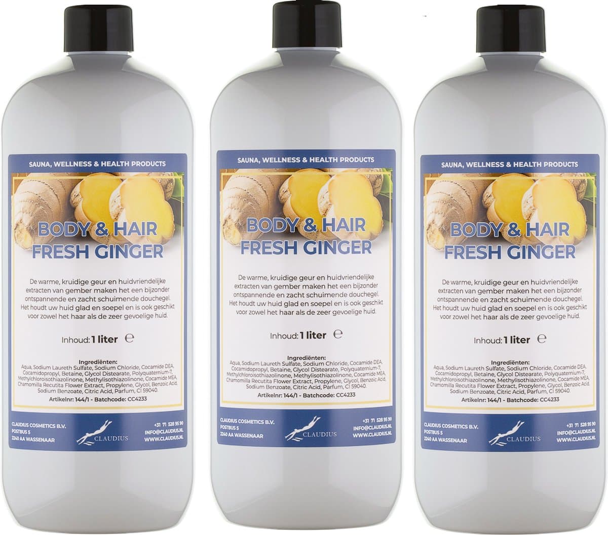 Body & Hair Fresh Ginger 1 liter - set van 3 stuks - 2 in 1 voor lichaam en haar.