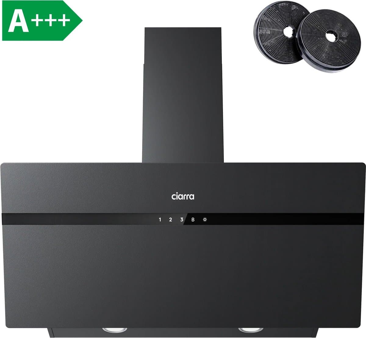 CIARRA CBCG9736H-G 90cm Schuine Afzuigkap Zwart – Melkglas met anti-vingerafdruk - met WiFi - inclusief set koolstoffilters – 650m3 - energieklasse A+++