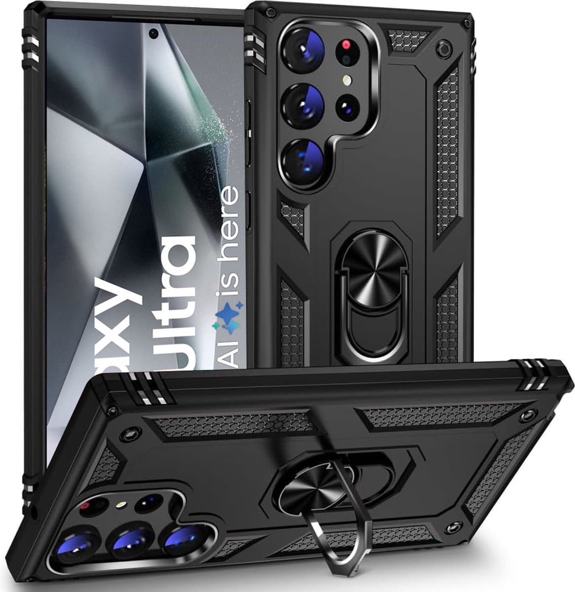 BixB Hoesje Geschikt voor Samsung Galaxy S24 Ultra hoesje - Hybrid Armor Anti-Shock hoes - Ringhouder backcover - Zwart