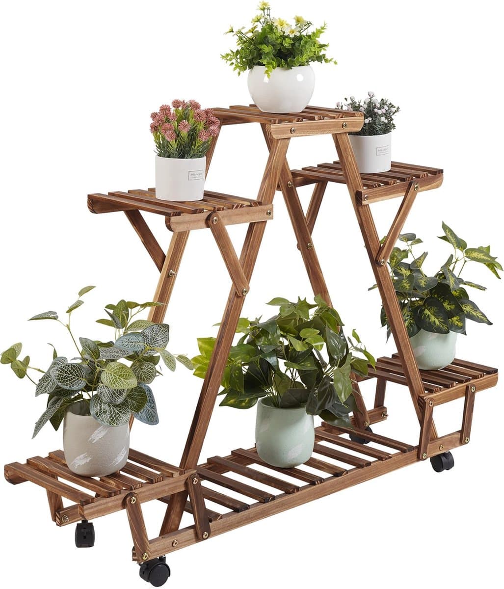 Huis-tuin online - Plantenhouder - Hout - Rek - 6 pothouder - Bloempot Stand Display - Opslag - Wielen - Tuin - 91x25x81 cm (LxBxH)