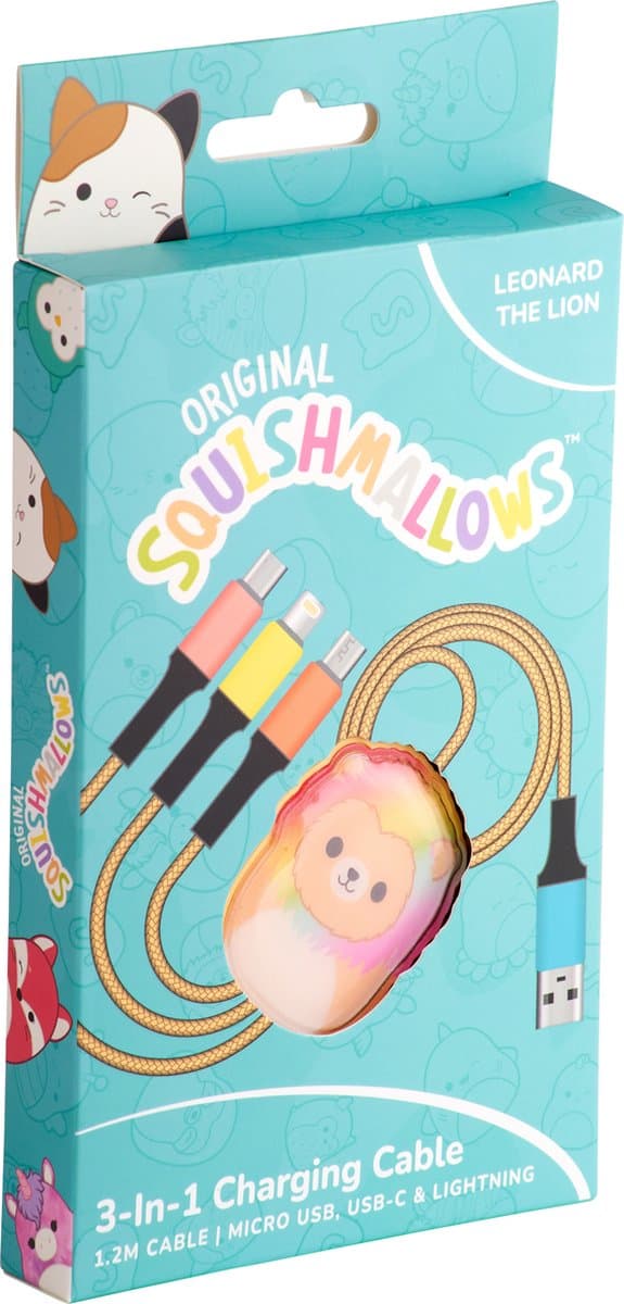Squishmallows - Leonard - 3-in-1 oplaadkabel - 1,2m - USB-C - Lightning - Mini-USB