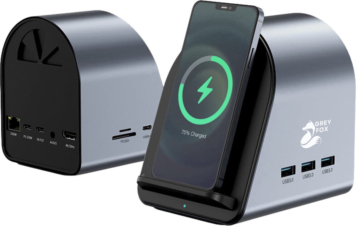 Grey Fox USB Netwerk Hub incl Draadloze Oplader Functie - 12 in 1 Hub - Ethernet - 4k/30Hz HDMI - 2x USB-C - 3x USB3.0 - SD/TF Kaartlezers - Audio - Docking Station - Wireless Charger - 1 Stuk