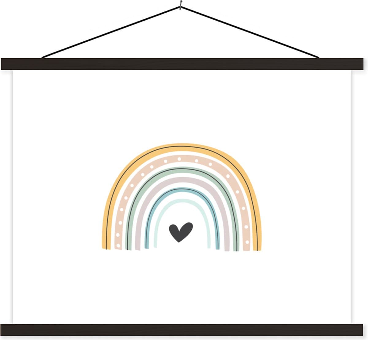 Posterhanger incl. Poster 40x30 cm - Schoolplaat - Regenboog - Hartje - Stippen - Pastel - Kinderen - Textielposter - Zwarte latten