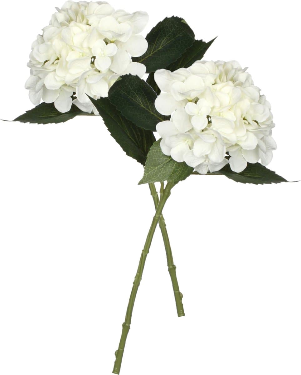 Mica Decorations Kunstbloem Hortensia tak - 2x - wit - 51 cm - losse steel - Kunst zijdebloemen