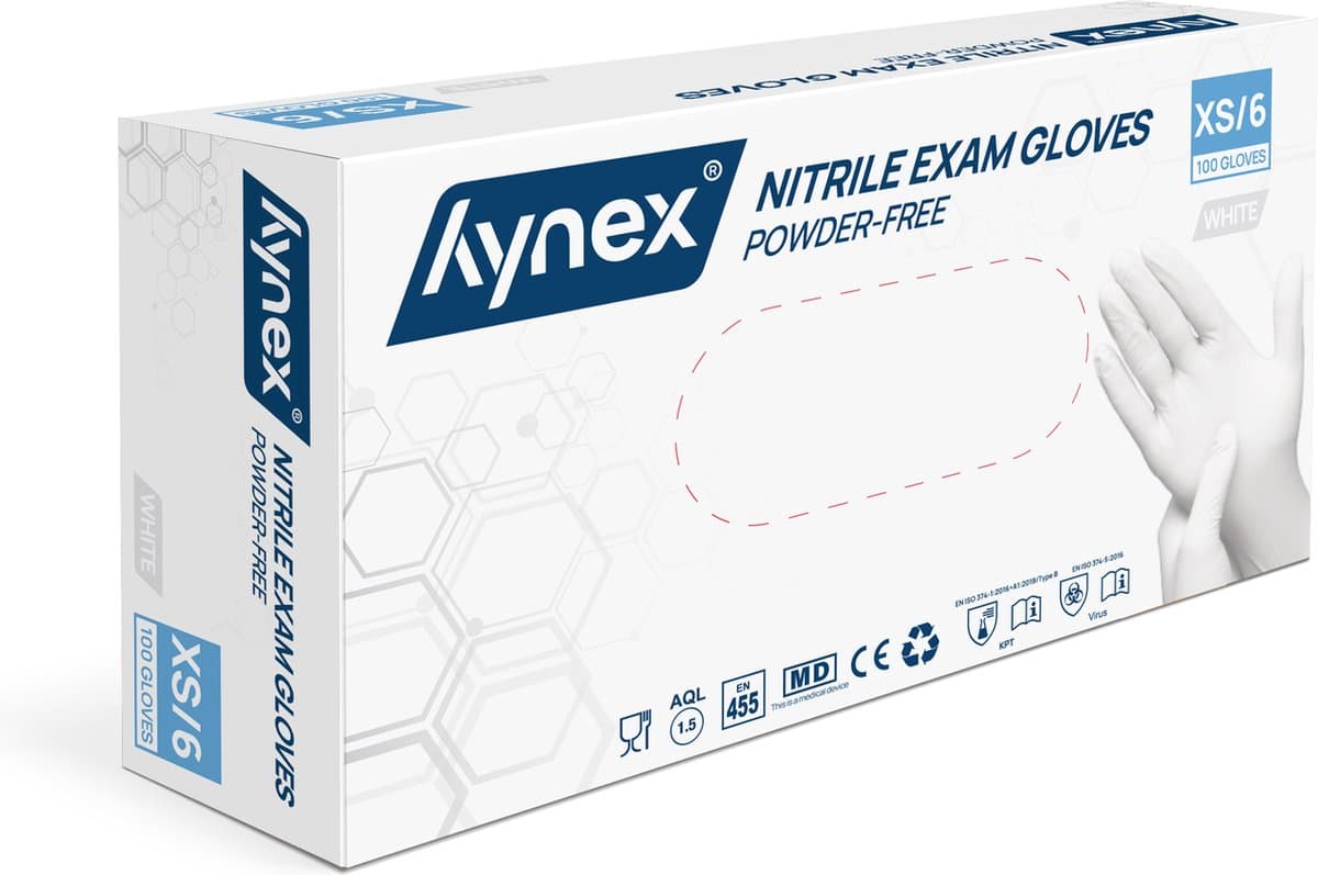 Hynex Nitril Wegwerphandschoenen – Maat XS – Wit – 100 Stuks – 3,5 Gram – Poedervrij & Latexvrij – Voor Zorg, Horeca & Schoonmaak