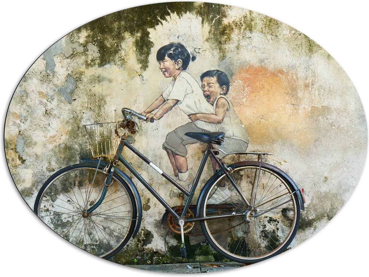 Dibond Ovaal - Muurschildering van Twee Broertjes op een Fiets - 108x81 cm Foto op Ovaal (Met Ophangsysteem)