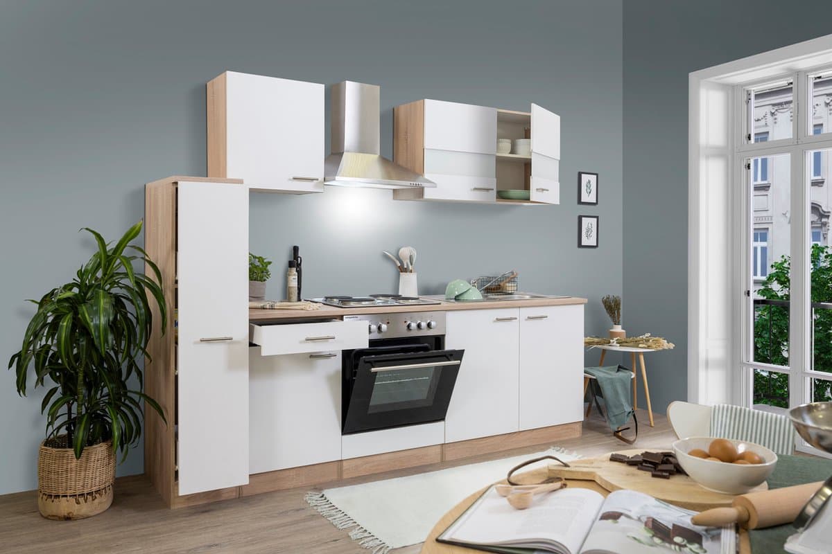 Goedkope keuken 240  cm - complete keuken met apparatuur Merle  - Eiken/Wit - soft close - elektrische kookplaat    - afzuigkap - oven    - spoelbak