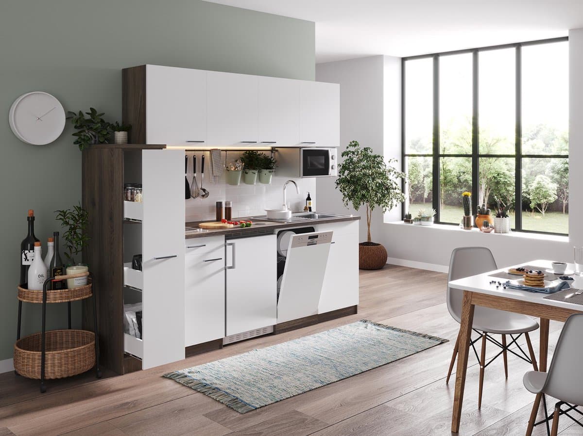 Goedkope keuken 225  cm - complete keuken met apparatuur Oliver  - Donker eiken/Wit   - keramische kookplaat - vaatwasser     - magnetron  - spoelbak